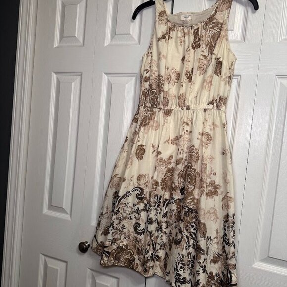 Lands' End Canvas 100% Cotton Poplin Midi Cream & Brown Floral Petite Size 2 EUC - Picture 1 of 16